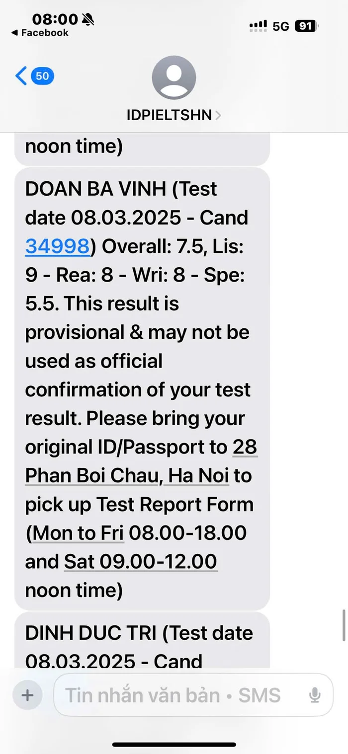 Tin nhắn kết quả IELTS của Đoàn Bá Vinh