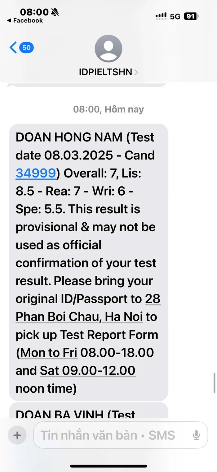 Tin nhắn kết quả IELTS của Đoàn Hồng Nam